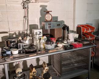Prep Table. Measuring Cups. Hot Plate. Coffee Maker. Bun Commercial Coffee Maker. Coffee Dispencer. Cookie Molds. Kitchen Aid Mixer. Vintage Blenders and Mixers. Food Scale. Bakers Cooling Rack.