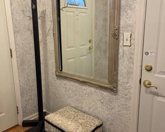MIRROR, COAT RACK AND FOOTSTOOL