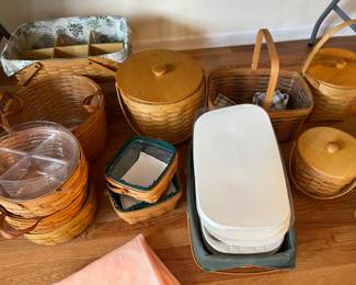 LARGE VINTAGE LONGABERGER BASKETS, POTTERY AND TABLE