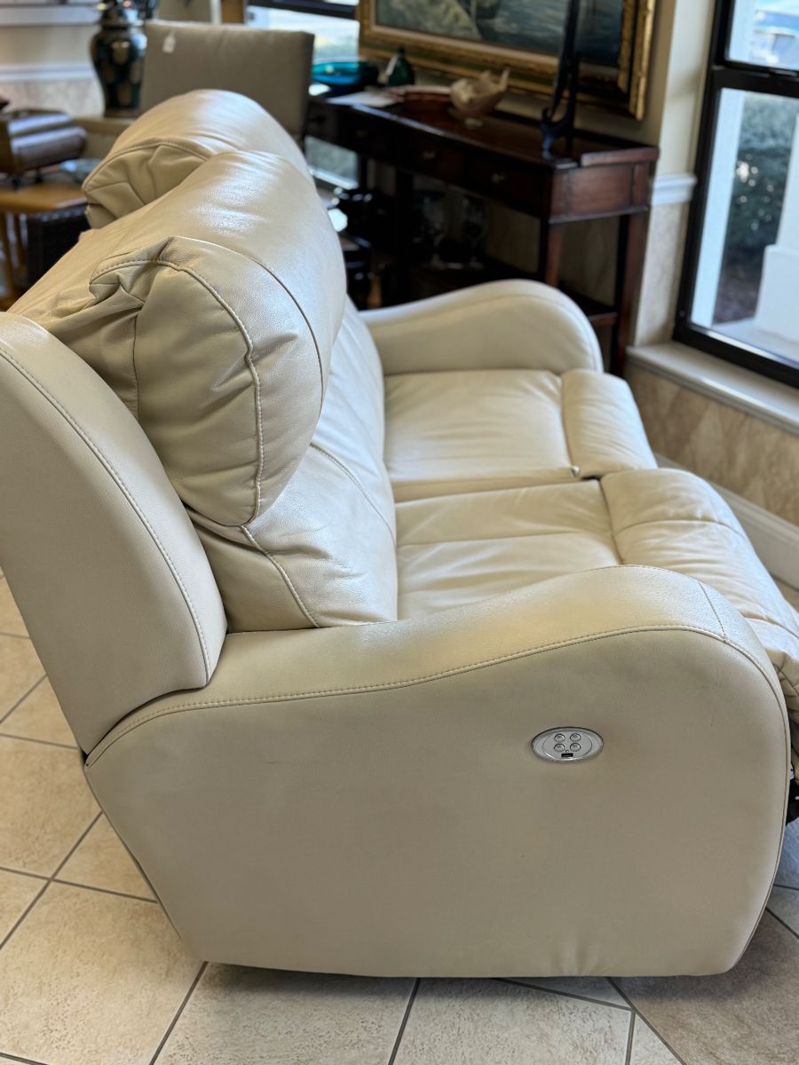 Flexsteel Genuine Leather Linen White Dual Power Recliner Lumbar |  Headrest | Wall Hugger | USB 