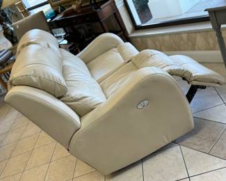 Flexsteel Genuine Leather Linen White Dual Power Recliner Lumbar |  Headrest | Wall Hugger | USB 