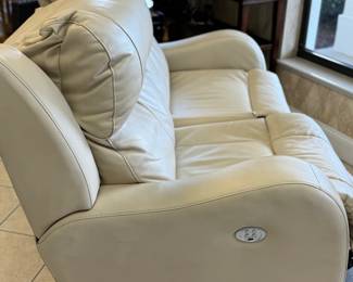 Flexsteel Genuine Leather Linen White Dual Power Recliner Lumbar |  Headrest | Wall Hugger | USB 