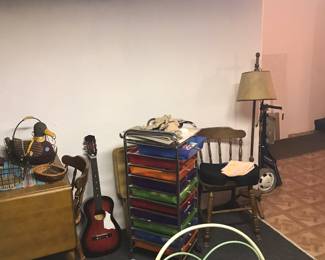 Craft supplies and maple table with drop sides and 3 chairs! Antique floor lamp!