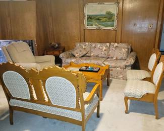 Living room: retro sofa, recliner chair, Victorian sitting set