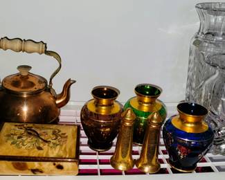 Murano vases, crystal vases, copper tea pot
