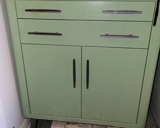 Antique jade green metal medical cabinet