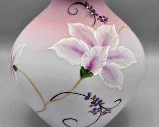 Fenton Satin "Lily Garden" Blue Burmese Hand Painted Vase - Limited to 750 Pieces