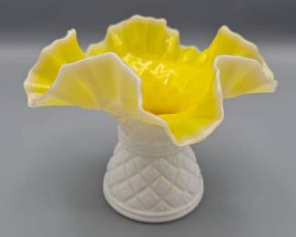 Kanawha White And Yellow Cased Diamond Pattern Ruffled Glass Vase