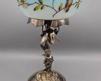 Victorian Cherub English Silverplate and Satin Hand Painted Ruffled Centerpiece / Brides Basket