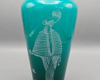 Fenton 1986 Limited Edition Sand Carved Teal Vase Connoisseur Collection "Danielle"