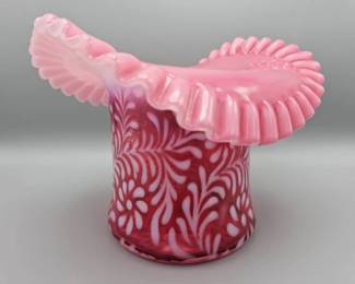 Fenton Cranberry Daisy And Fern Opalescent Ruffled Top Hat