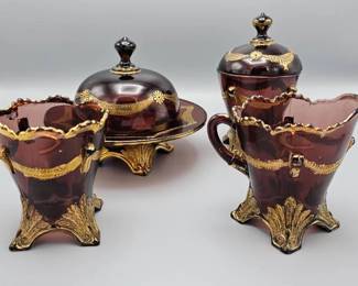 Antique Amethyst Glass with Gold Gild Set