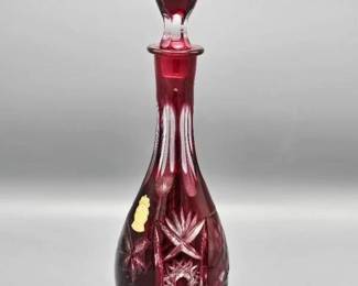 Imperlux German Cranberry Cut-to-Clear Crystal Decanter with Stopper
