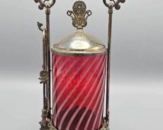 Victorian Silver Plated Pickle Castor with Swirled Cranberry Glass