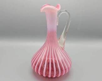 Fenton Cranberry Pink Spiral Optic Opalescent Jug / Pitcher Vase
