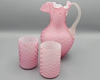Antique, Attributed to Mt. Washington Hand Blown Pink Satin Herringbone Pitcher With (2) Glass Tumblers