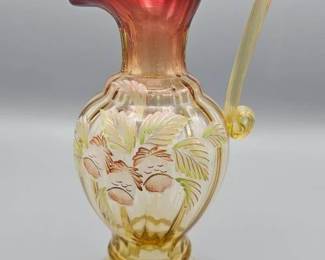 Fenton 1999 Historic Collection "Open Seedpods Under Ferns" Gold  Amberina Hand Painted Pitcher #'d Piece of 2500