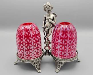 Fenton Pewter Cupid Double Fairy Lamp With Double Cranberry Opalescent Fairy Lamp Snowflake Shades.