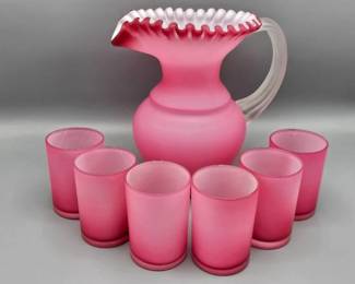 Antique Victorian Pink Cased Blown Glass Pitcher with 6 Tumblers
