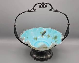 Victorian Silver Plate Stand With Hand Painted Brides Bowl
