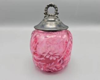 Fenton Cranberry Daisy and Fern Jelly Jar With Laurel Wreath Pewter Lid