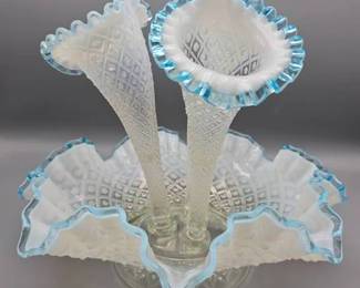 Fenton Diamond Lace Opalescent Aqua Crest Epergne