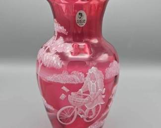 Fenton Mary Gregory Collection "Special Delivery" Cranberry Hand Painted Vase #230/2350