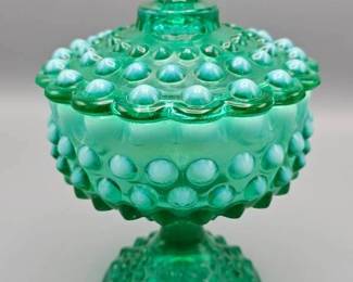 Fenton Green Opalescent Hobnail Footed Covered Candy Dish
