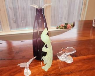 Waterford glass flower / Lalique butterfly / Waterford butterfly / Jade peacock 