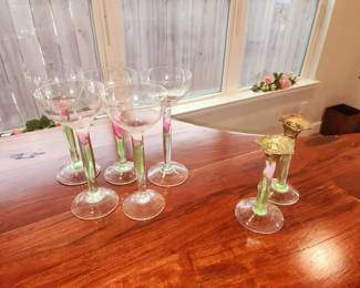 Handblown / hand-signed champagne flutes (x5) + candle holders (x2) -  by C B Salmon