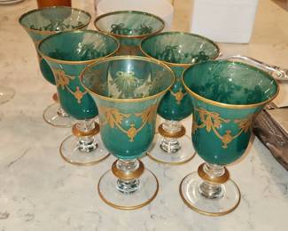 Cristallerie Italiane Green w/ 24k Gold Gilt Design Goblet (x6)