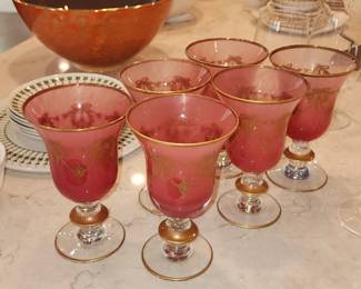 Cristallerie Italiane Pink w/ 24k Gold Gilt Design Goblet (x6)
