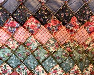 #111	factory made quilt pink blue green  82x 84	 $30.00 			
