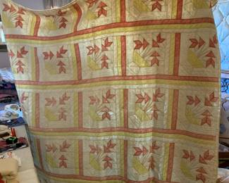 #106	vintage scrappy quilt yellow red  76x 76	 $65.00 			
