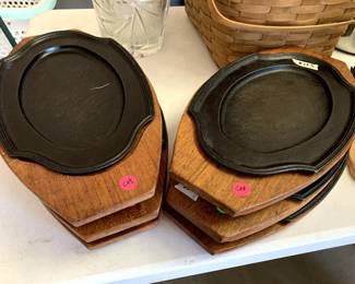 #135	set of 6 metal plate wood base steak platers  12x9	 $150.00 			
