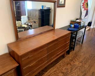 #13	mid century dresser with mirror as is finish 9 drawers 60x19x31 mirror 46x31	 $175.00 			
