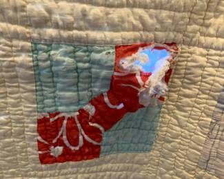 #112	scrappy quilt bow quilt with writing 64x96	 $30.00 			

