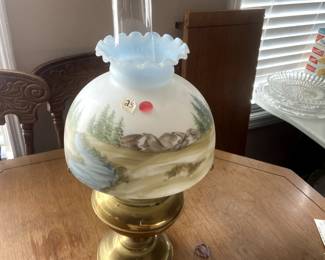 #163	mh	hand painted oil lamp brass base	 $25.00 			
