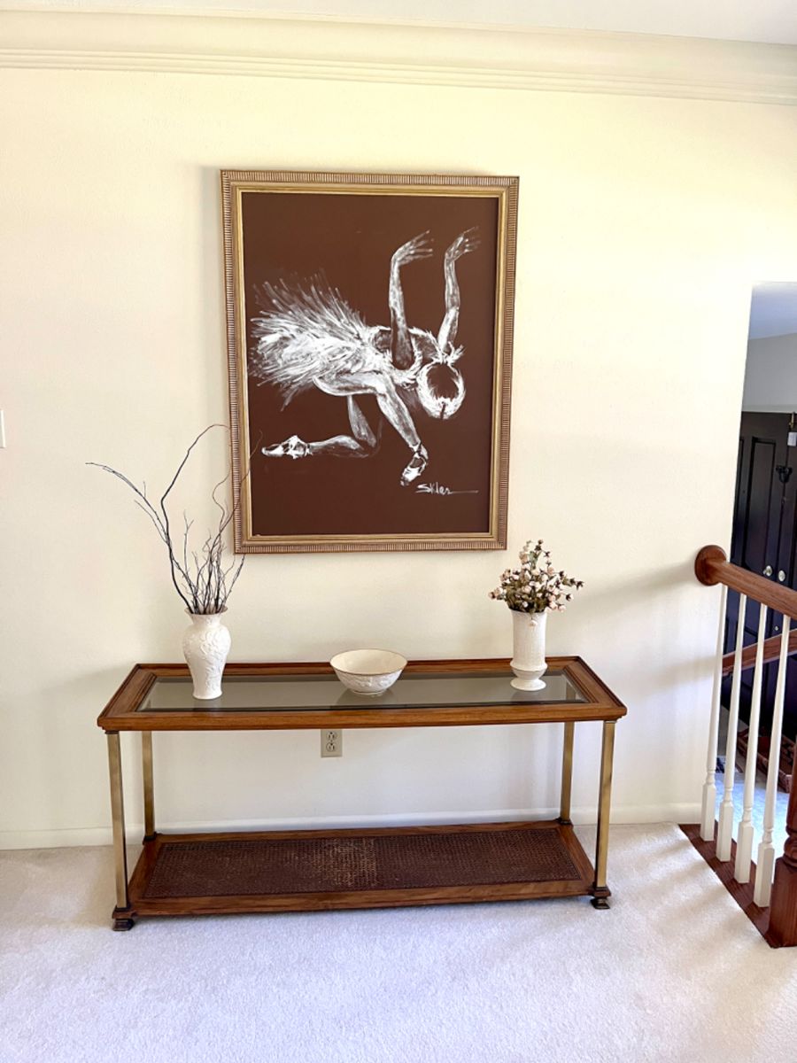 1970’s Signed Ballerina Painting by Sklar. A vintage Thomasville Wood, Glass and Brass Console Table. 