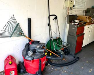 Craftsman Shop Vac, Gas Can, and Scotts Turf Builder Broadcast Spreader for Grass Seed, Fertilizer, Salt, Ice Melt