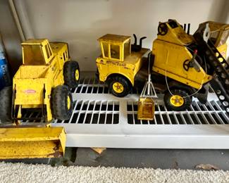 Vintage Tonka Truck Front Loader Yellow Pressed Steel Metal XMB-975 Mighty Tonka, and VINTAGE Tonka BLACK AND YELLOW  MR-970 CRANE METAL WORKS