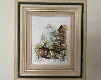 VTG Oil Painting rustic primitive 3 buckets on post framed signed Artist LINDA