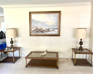 Vintage Thomasville Beveled Glass, Chrome and Wood Coffee Table and End Tables Set