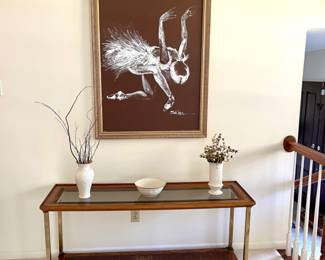 1970’s Signed Ballerina Painting by Sklar. A vintage Thomasville Wood, Glass and Brass Console Table. 
