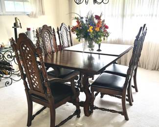 Mid 20th Century Walnut Dining Table and Spanish Baroque Style Dining Chairs - Set of 6