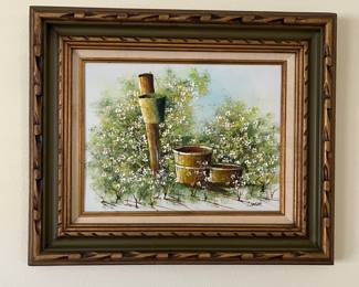 VTG Oil Painting rustic primitive 3 buckets on post framed signed Artist LINDA