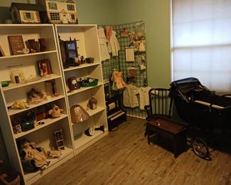 Vintage baby buggy, vintage salesman sample or child's desk, vintage J Chen Lodeon child's player piano