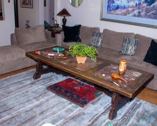 Lovesac sofa, handcrafted coffee table