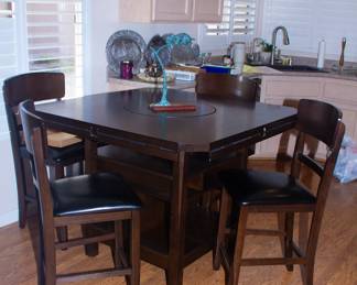 Dining table, drop leaf high top with lazy susan, and chairs(x4)