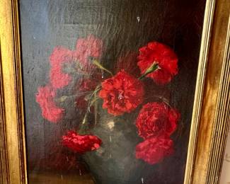 175. Signed Oil on Canvas of Still Life of Red Carnations in Vase by Howard Gardiner Cushing (18" x 13.75")